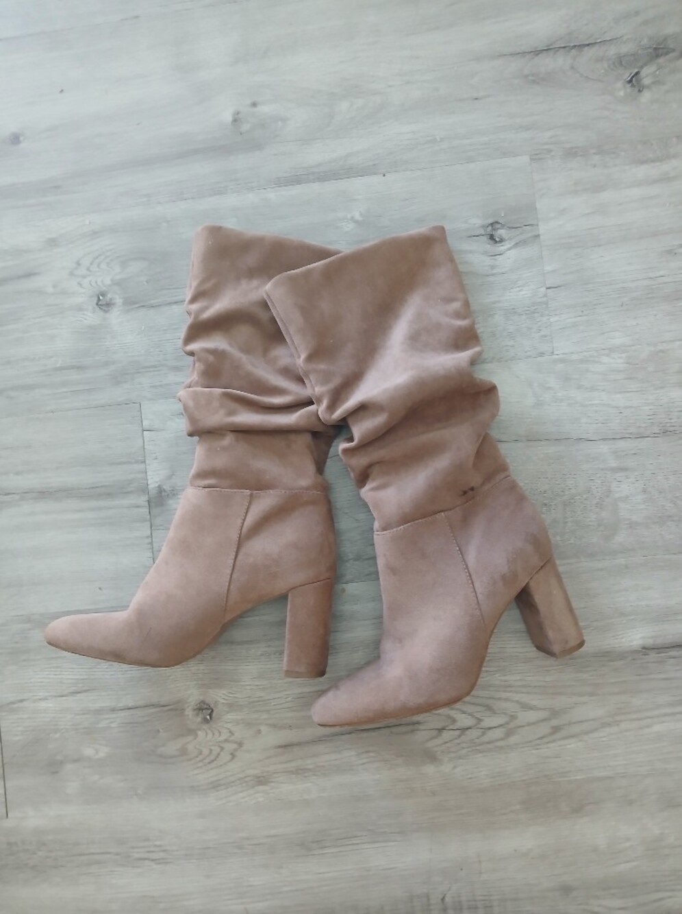 Taupe Light Brown Faux Suede Slouchy Mid-Calf Block Heeled Boots Size 7 - - Picture 1 of 3